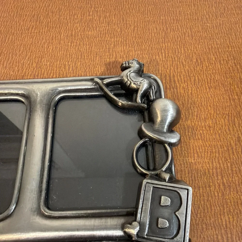 Pewter Baby Collage Picture Frame Vintage Teddy Bear Jack in Box Free Standing
